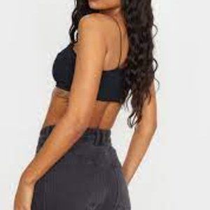 PRETTYLITTLETHING BLACK CREPE SPAGHETTI STRAP BANDEAU BLACK CROP TOP sz 6 NWT